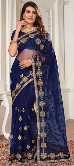 Blue color Saree in Net fabric with Embroidered, Resham, Stone, Thread, Zari work