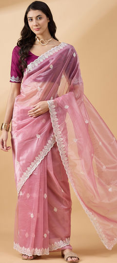 Festive, Traditional Pink and Majenta color Saree in Organza Silk fabric with Classic Embroidered, Sequence, Thread work : 1948767