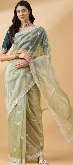 Festive, Traditional Green color Saree in Organza Silk fabric with Classic Embroidered, Sequence, Thread work : 1948768