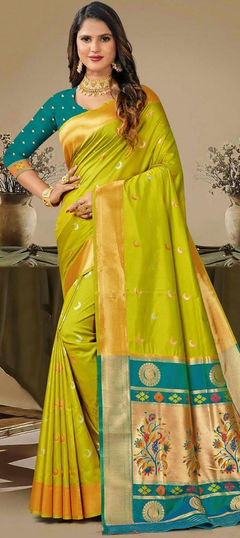 Green color Saree in Silk fabric with Weaving work