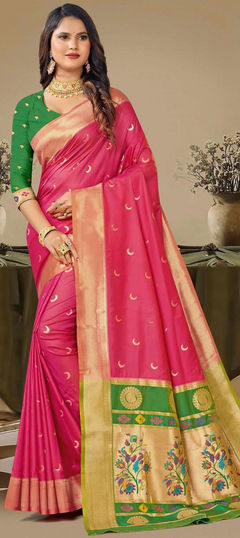 Pink and Majenta color Saree in Silk fabric with Weaving work