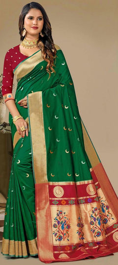 Green color Saree in Silk fabric with Weaving work