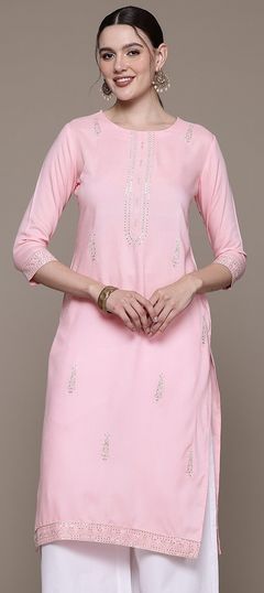 Summer Pink and Majenta color Kurti in Rayon fabric with Straight Sequence, Thread, Zari work : 1948857