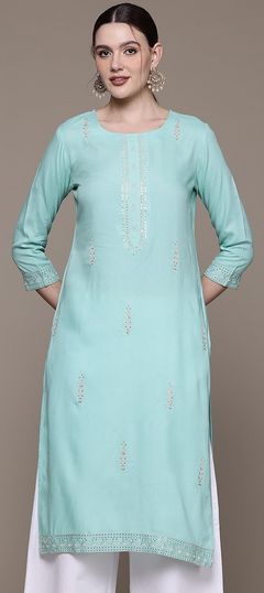 Summer Blue color Kurti in Rayon fabric with Straight Sequence, Thread, Zari work : 1948859