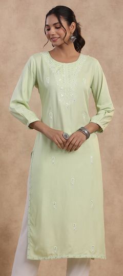 Summer Green color Kurti in Rayon fabric with Straight Embroidered, Resham, Sequence, Thread work : 1948880