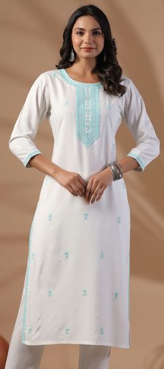 Summer White and Off White color Kurti in Rayon fabric with Straight Embroidered, Resham, Sequence, Thread work : 1948882