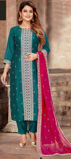 Party Wear, Reception Green color Salwar Kameez in Silk fabric with Straight Embroidered, Resham, Sequence, Zari work : 1948969