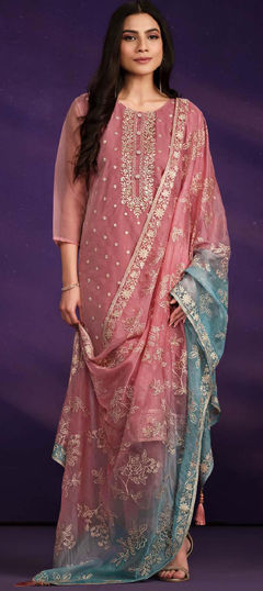 Pink and Majenta color Salwar Kameez in Organza Silk fabric with Embroidered, Sequence, Thread, Zari work