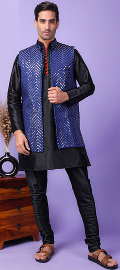 Black and Grey color Kurta Pyjama with Jacket in Polyester Silk fabric with Embroidered work