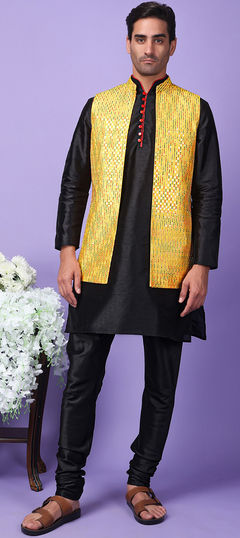 Black and Grey, Yellow color Kurta Pyjama with Jacket in Polyester Silk fabric with Embroidered work