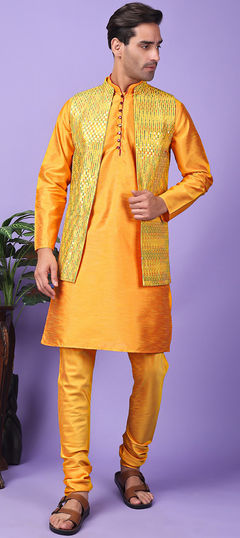 Orange, Yellow color Kurta Pyjama with Jacket in Polyester Silk fabric with Embroidered work