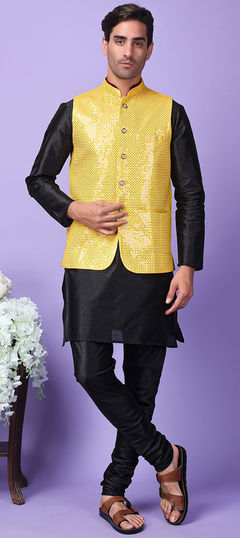 Black and Grey, Yellow color Kurta Pyjama with Jacket in Polyester Silk fabric with Embroidered work