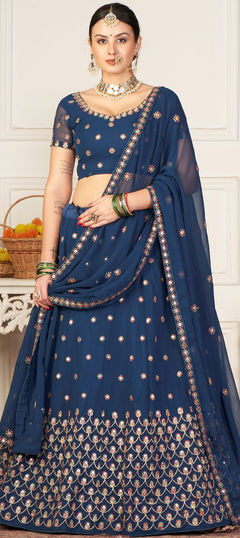 Blue color Lehenga in Georgette fabric with Embroidered, Sequence, Thread work