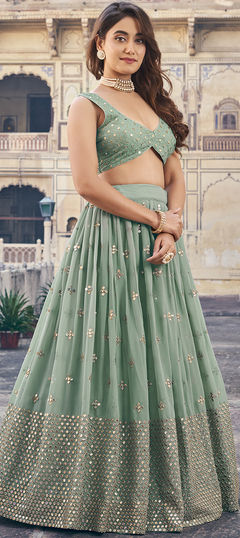 Bridal, Mehendi Sangeet, Wedding Green color Lehenga in Georgette fabric with Flared Embroidered, Thread work : 1949033