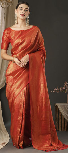 Party Wear, Traditional Red and Maroon color Saree in Tissue fabric with South Sequence, Weaving work : 1949100