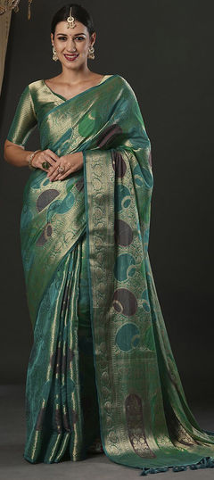 Party Wear, Reception, Traditional Blue color Saree in Organza Silk fabric with Classic Weaving, Zari work : 1949113