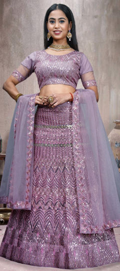 Engagement, Mehendi Sangeet, Wedding Purple and Violet color Lehenga in Net fabric with A Line Embroidered, Sequence, Thread work : 1949167