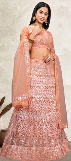 Engagement, Mehendi Sangeet, Wedding Pink and Majenta color Lehenga in Net fabric with A Line Embroidered, Sequence, Thread work : 1949169