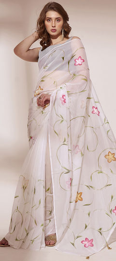 White and Off White color Saree in Organza Silk fabric with Floral, Printed work