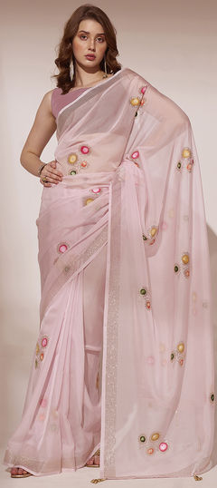 Pink and Majenta color Saree in Organza Silk fabric with Floral, Printed work