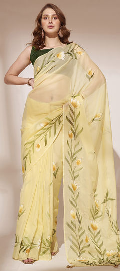 Yellow color Saree in Organza Silk fabric with Floral, Printed work