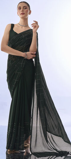 Green color Saree in Chiffon fabric with Border, Swarovski work