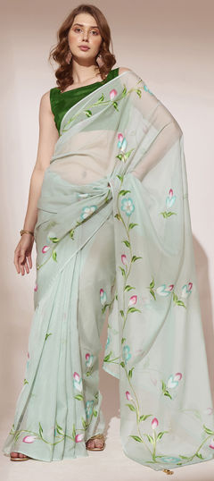 Green color Saree in Organza Silk fabric with Floral, Printed work