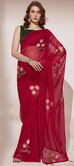 Festive, Reception, Traditional Red and Maroon color Saree in Organza Silk fabric with Classic Floral, Printed work : 1949182