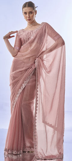 Pink and Majenta color Saree in Silk fabric with Border, Swarovski work