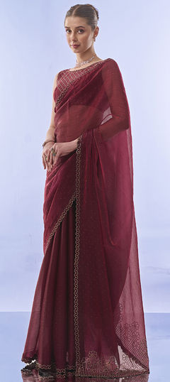 Red and Maroon color Saree in Silk fabric with Border, Swarovski work