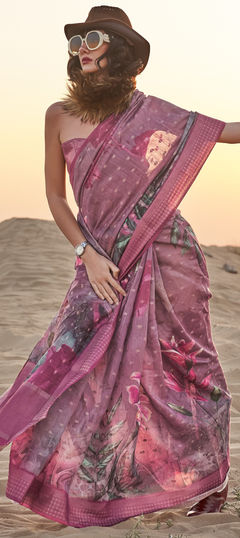 Pink and Majenta color Saree in Linen fabric with Floral, Printed work