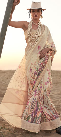 White and Off White color Saree in Linen fabric with Floral, Printed work