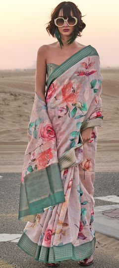 Party Wear, Traditional Pink and Majenta color Saree in Linen fabric with Bengali Floral, Printed work : 1949192