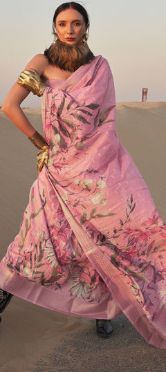 Pink and Majenta color Saree in Linen fabric with Floral, Printed work