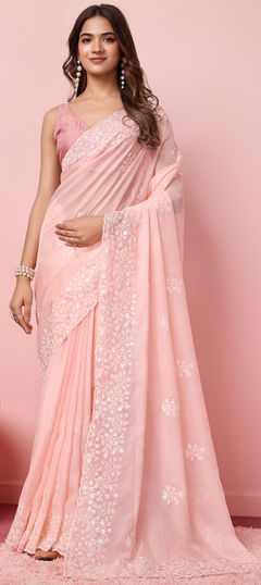 Festive, Reception Pink and Majenta color Saree in Organza Silk fabric with Classic Embroidered, Thread work : 1949245