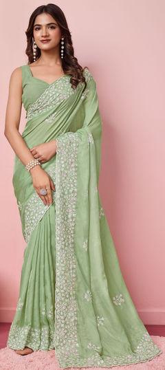 Festive, Reception Green color Saree in Organza Silk fabric with Classic Embroidered, Thread work : 1949249