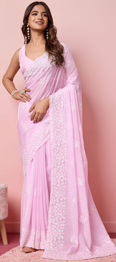 Festive, Reception Pink and Majenta color Saree in Organza Silk fabric with Classic Embroidered, Thread work : 1949250