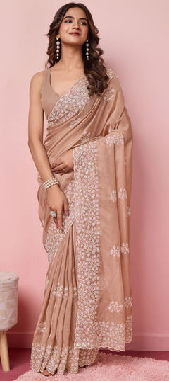 Festive, Reception Beige and Brown color Saree in Organza Silk fabric with Classic Embroidered, Thread work : 1949251