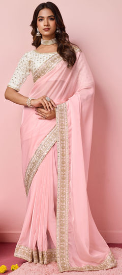 Pink and Majenta color Saree in Organza Silk fabric with Border, Embroidered, Thread work