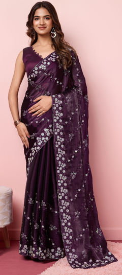 Purple and Violet color Saree in Georgette fabric with Embroidered, Thread work