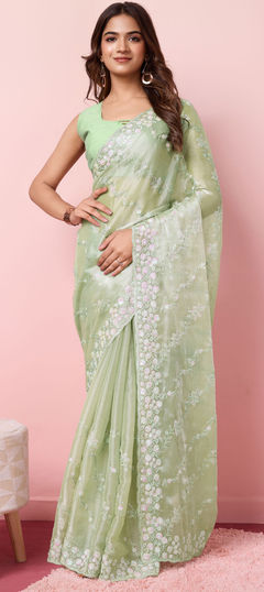 Green color Saree in Georgette fabric with Embroidered, Thread work