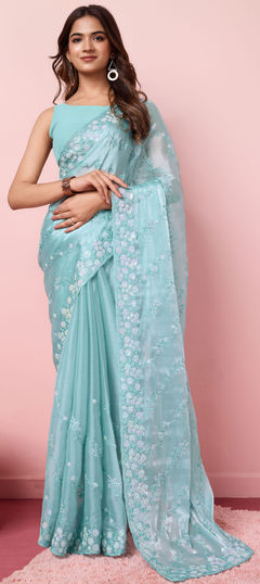 Blue color Saree in Georgette fabric with Embroidered, Thread work