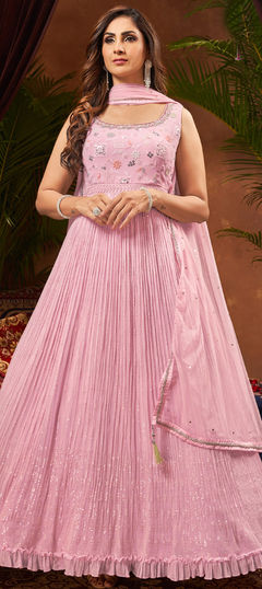 Engagement, Party Wear, Reception Pink and Majenta color Gown in Georgette fabric with Embroidered, Resham, Sequence, Thread work : 1949329