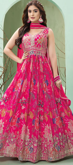 Engagement, Party Wear, Reception Pink and Majenta color Gown in Georgette fabric with Embroidered, Floral, Printed, Resham, Sequence, Thread work : 1949333