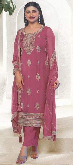 Festive, Party Wear Pink and Majenta color Salwar Kameez in Organza Silk fabric with Straight Embroidered, Thread work : 1949381