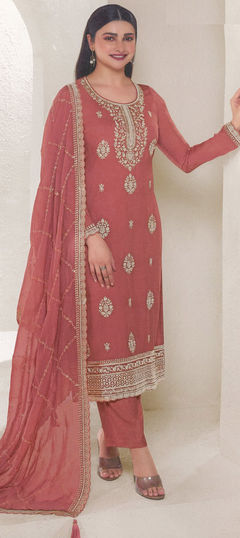 Orange color Salwar Kameez in Organza Silk fabric with Embroidered, Thread work