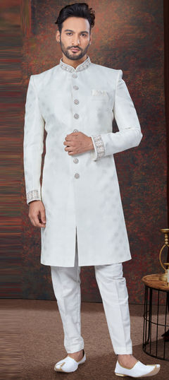 White and Off White color IndoWestern Dress in Jacquard fabric with Bugle Beads, Cut Dana, Weaving, Zardozi work