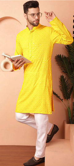 Yellow color Kurta Pyjamas in Rayon fabric with Embroidered, Sequence work