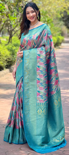 Pink and Majenta color Saree in Silk fabric with Printed, Weaving work