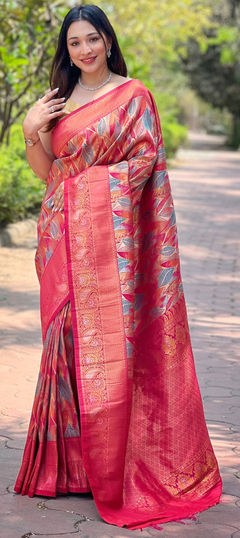 Red and Maroon color Saree in Silk fabric with Printed, Weaving work